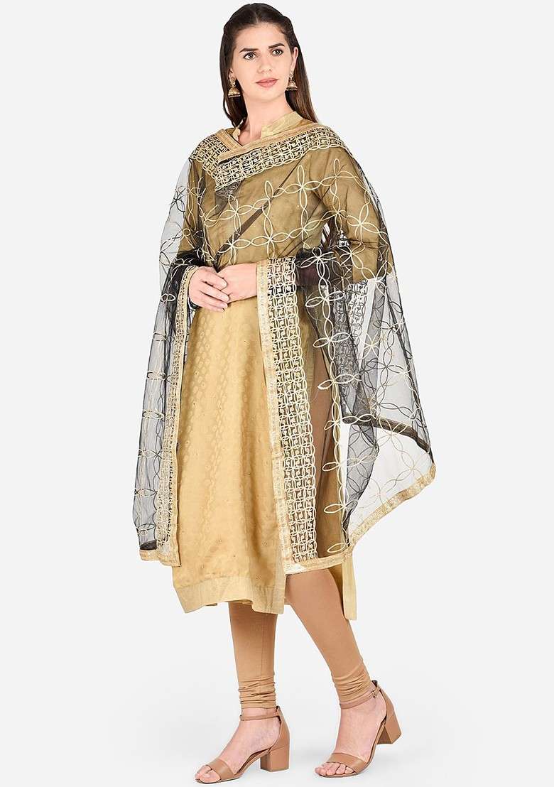Black And Gold Toned Gotta Patti Embroidered Dupatta - Indya