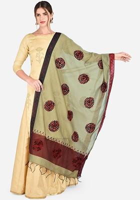 Gold Toned And Maroon Chanderi Silk Embroidered Dupatta