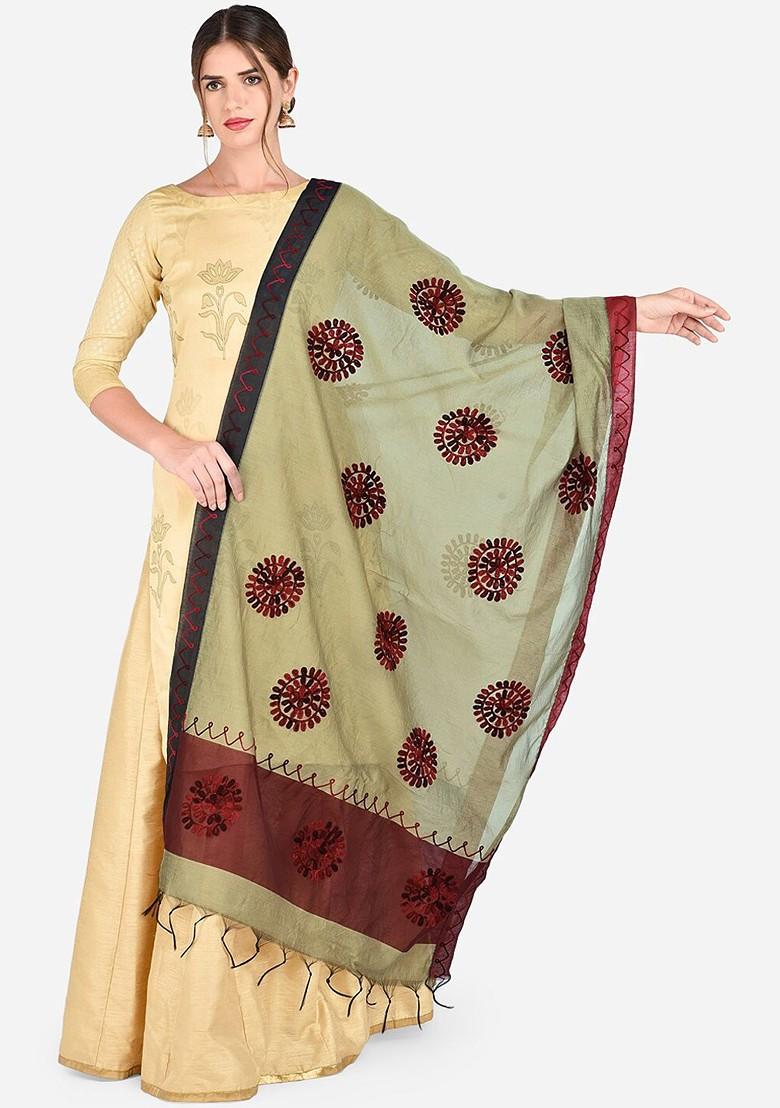 Gold Toned And Maroon Chanderi Silk Embroidered Dupatta
