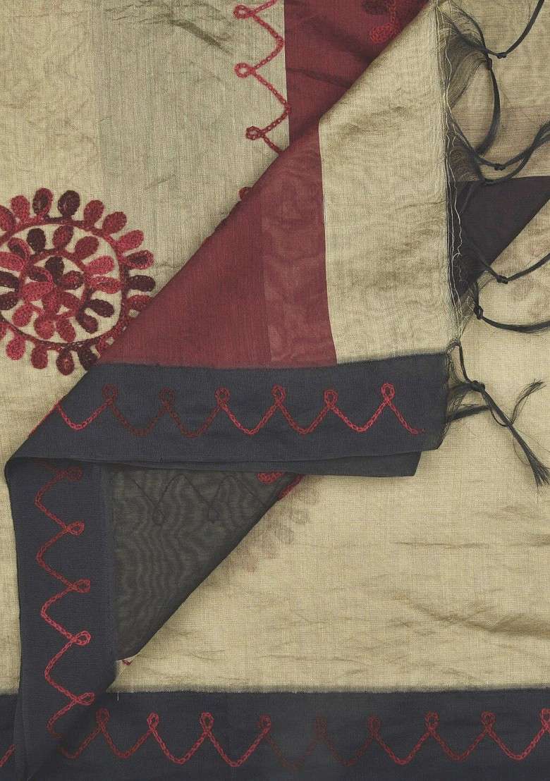 Gold Toned And Maroon Chanderi Silk Embroidered Dupatta - Indya
