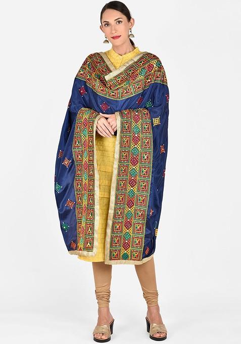 Navy Blue Phulkari Embroidered Dupatta