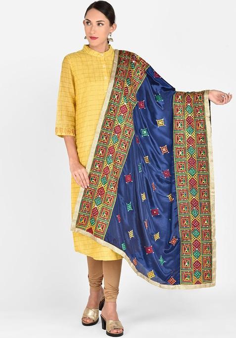 Navy Blue Phulkari Embroidered Dupatta