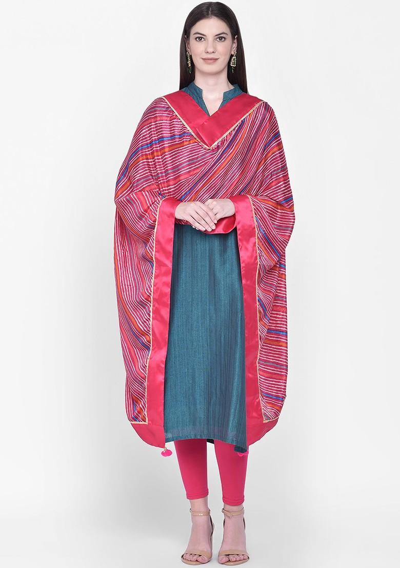 Pink And White Leheriya Printed Dupatta