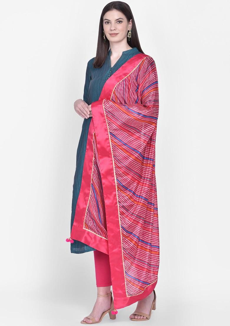 Pink And White Leheriya Printed Dupatta