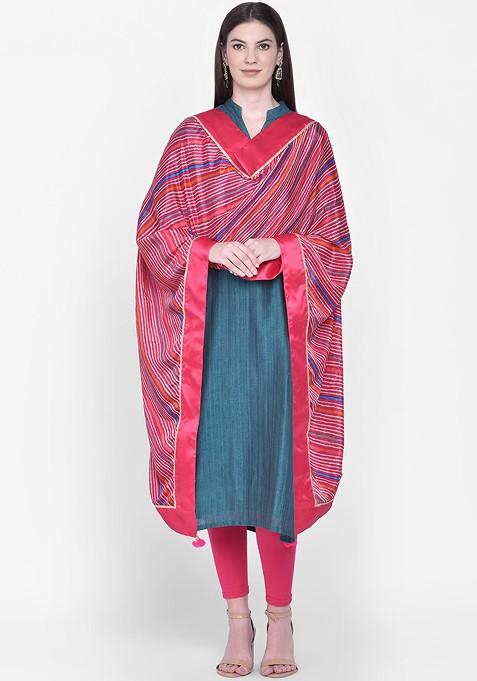 Pink And White Leheriya Printed Dupatta
