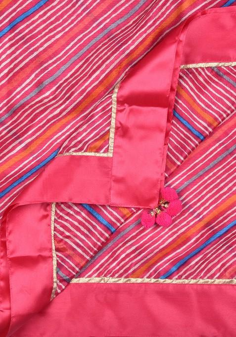Pink And White Leheriya Printed Dupatta