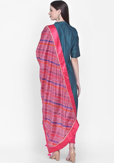 Pink And White Leheriya Printed Dupatta