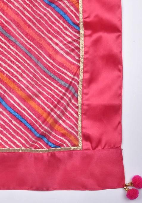 Pink And White Leheriya Printed Dupatta