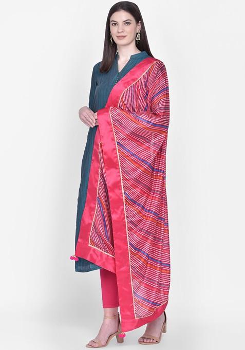 Pink And White Leheriya Printed Dupatta