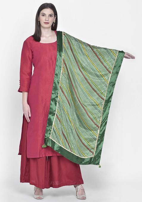 Green And Beige Leheriya Dupatta