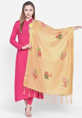 Yellow And Pink Woven Design Banarasi Silk Dupatta