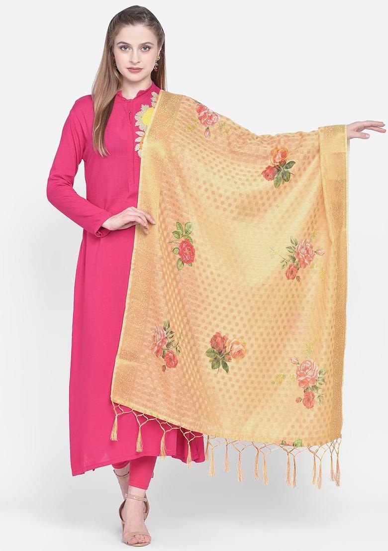 Yellow And Pink Woven Design Banarasi Silk Dupatta