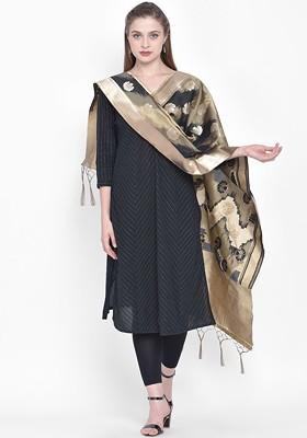 Black And Gold Coloured Woven Design Banarasi Silk Dupatta