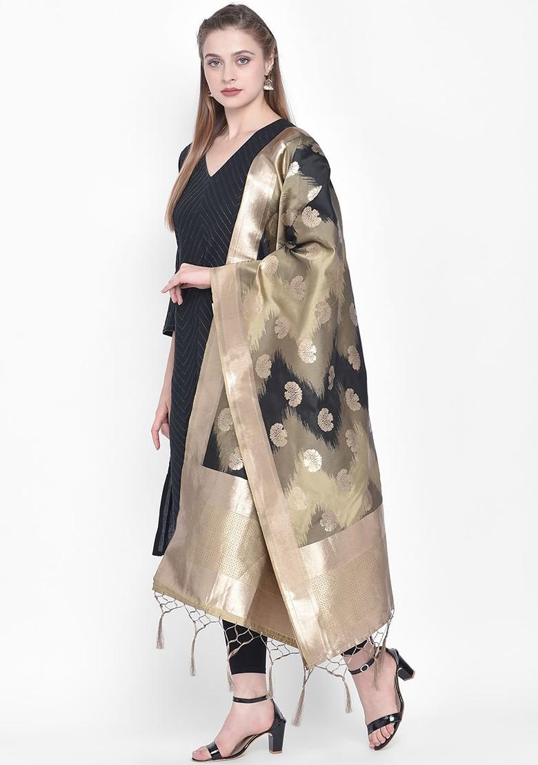 Black And Gold Coloured Woven Design Banarasi Silk Dupatta