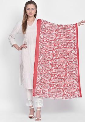 Woman Red And White Embroidered Chiffon Dupatta