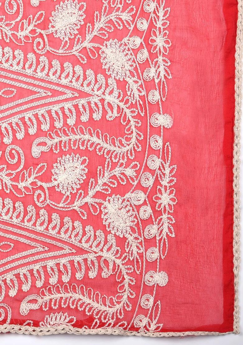 Woman Red And White Embroidered Chiffon Dupatta