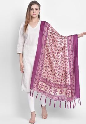 Women Cream Coloured And Purple Printed Art Silk Dupatta