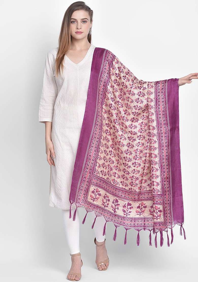 Women Cream Coloured And Purple Printed Art Silk Dupatta - Indya