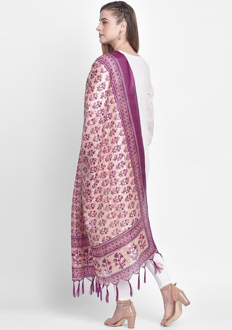Women Cream Coloured And Purple Printed Art Silk Dupatta