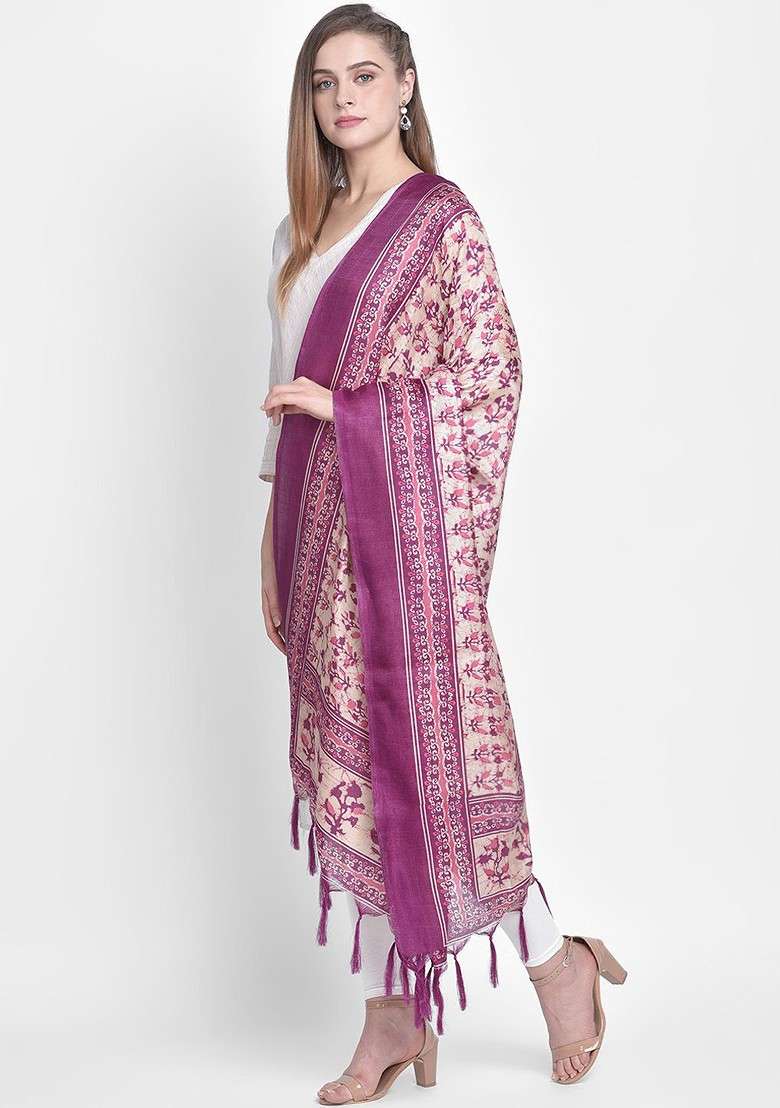 Women Cream Coloured And Purple Printed Art Silk Dupatta - Indya