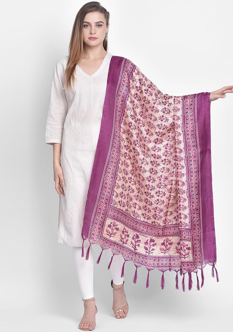Women Cream Coloured And Purple Printed Art Silk Dupatta