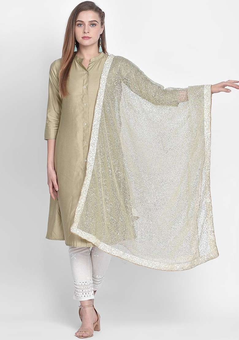 Women Off White And Green Sequinned Dupatta - Indya