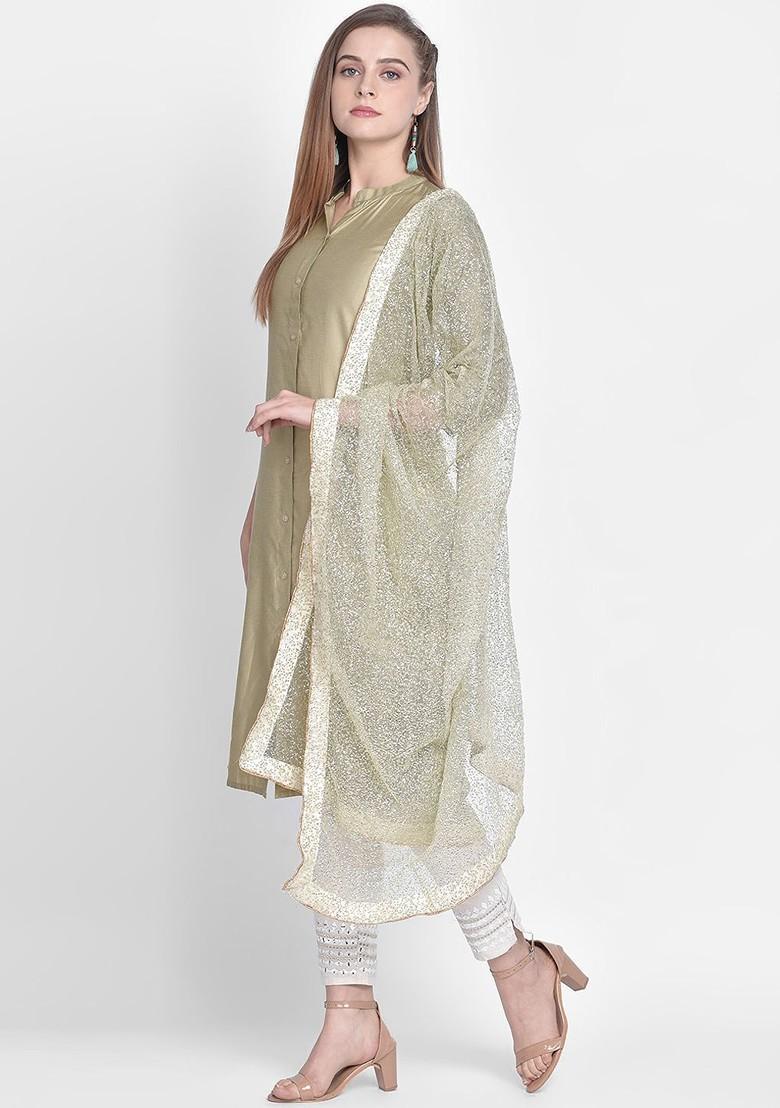 Women Off White And Green Sequinned Dupatta