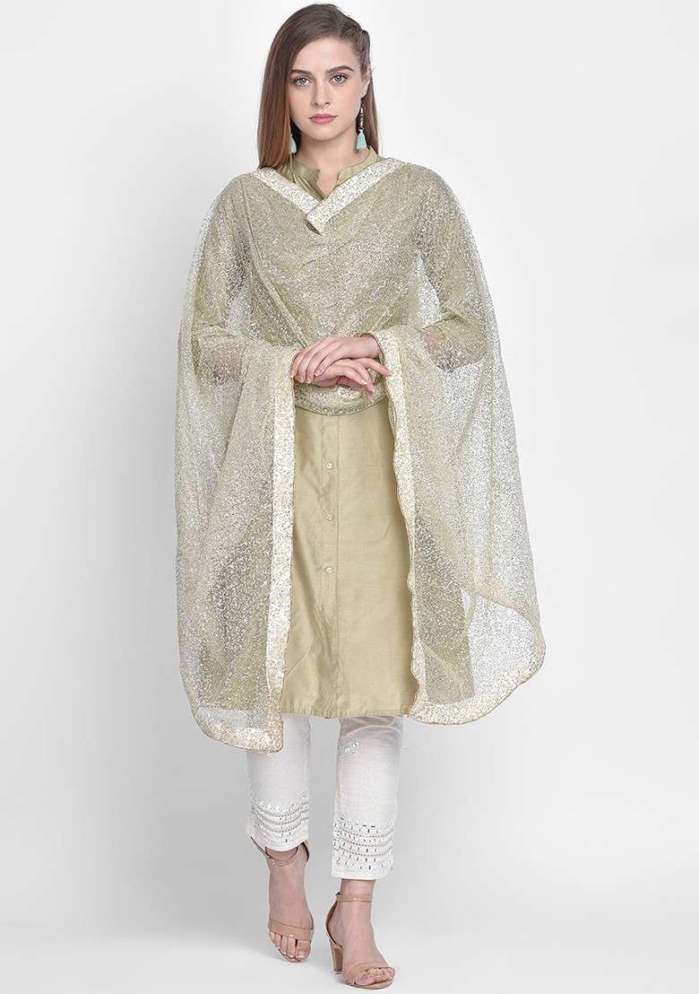 Women Off White And Green Sequinned Dupatta - Indya
