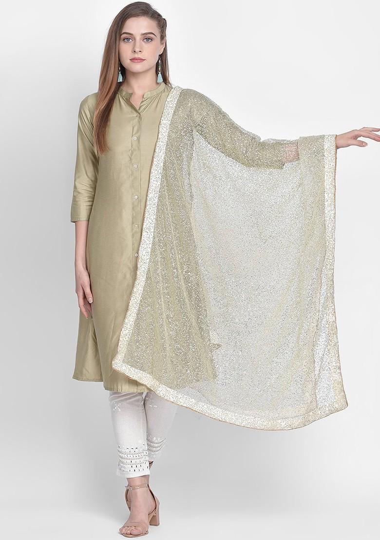 Women Off White And Green Sequinned Dupatta