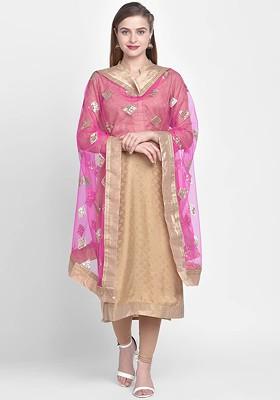 Women Pink And Gold Toned Embroidered Dupatta
