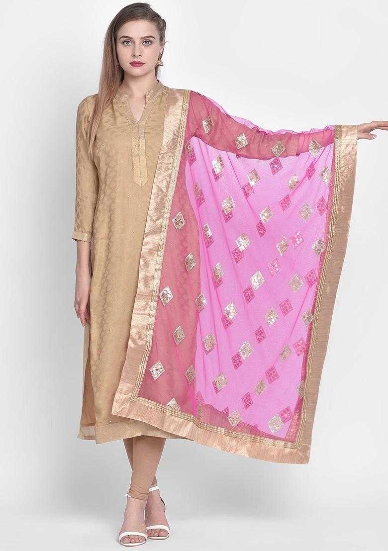 Women Pink And Gold Toned Embroidered Dupatta