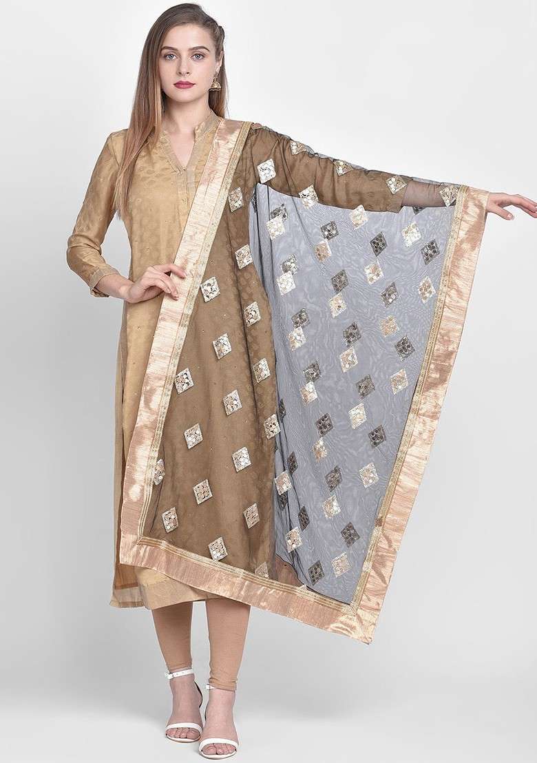 Black And Gold Coloured Embroidered Dupatta - Indya