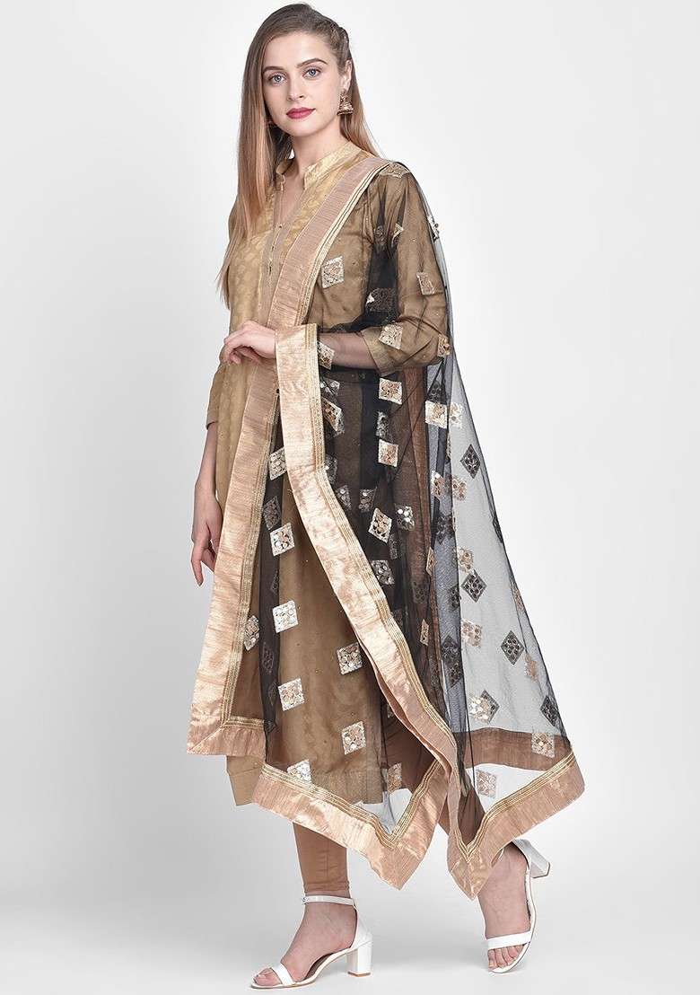 Black And Gold Coloured Embroidered Dupatta - Indya