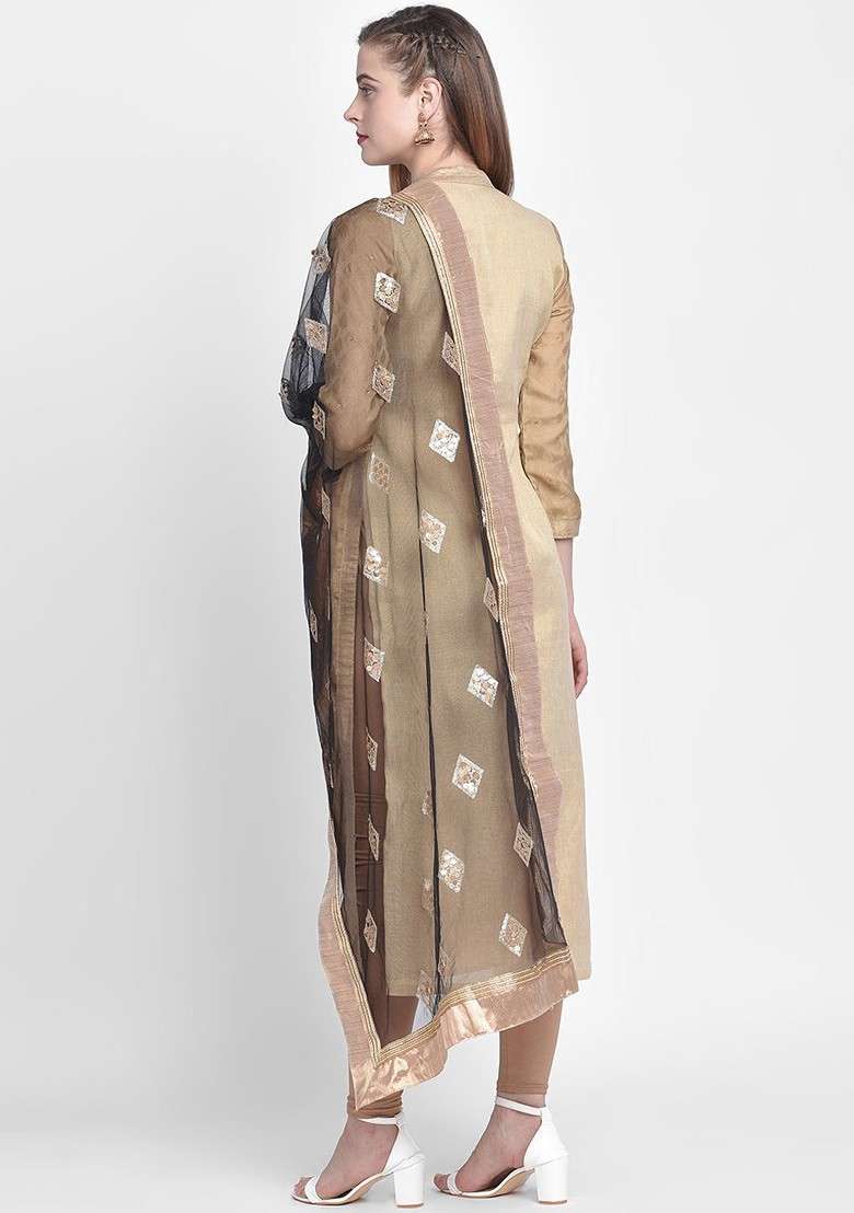 Black And Gold Coloured Embroidered Dupatta - Indya
