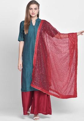 Women Red Sequinned Dupatta