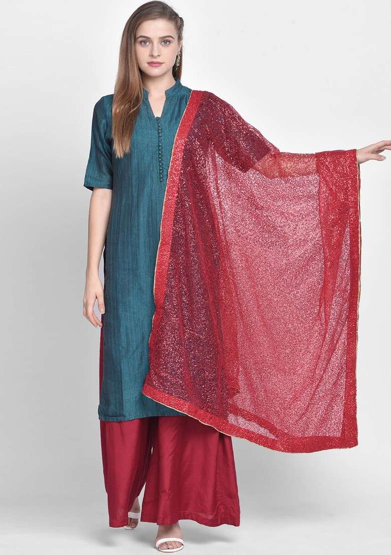 Women Red Sequinned Dupatta - Indya