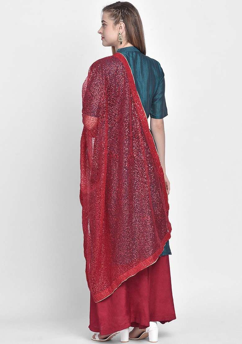 Women Red Sequinned Dupatta - Indya