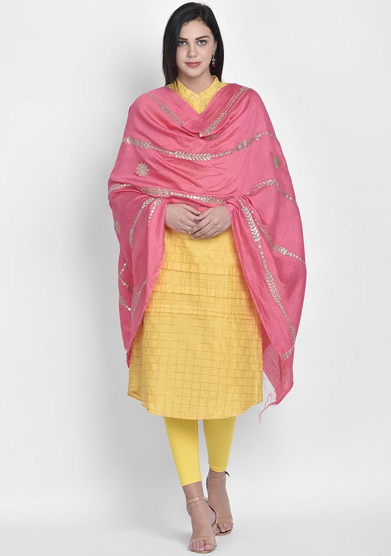 Pink And Gold Coloured Embroidered Dupatta