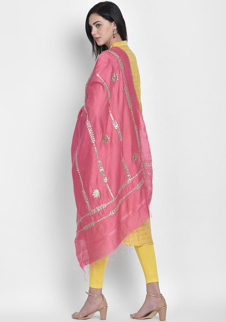 Pink And Gold Coloured Embroidered Dupatta