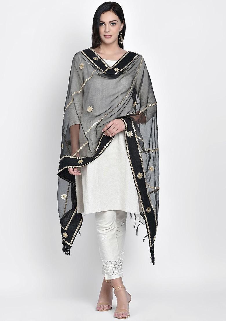 Black And Gold Toned Embroidered Dupatta