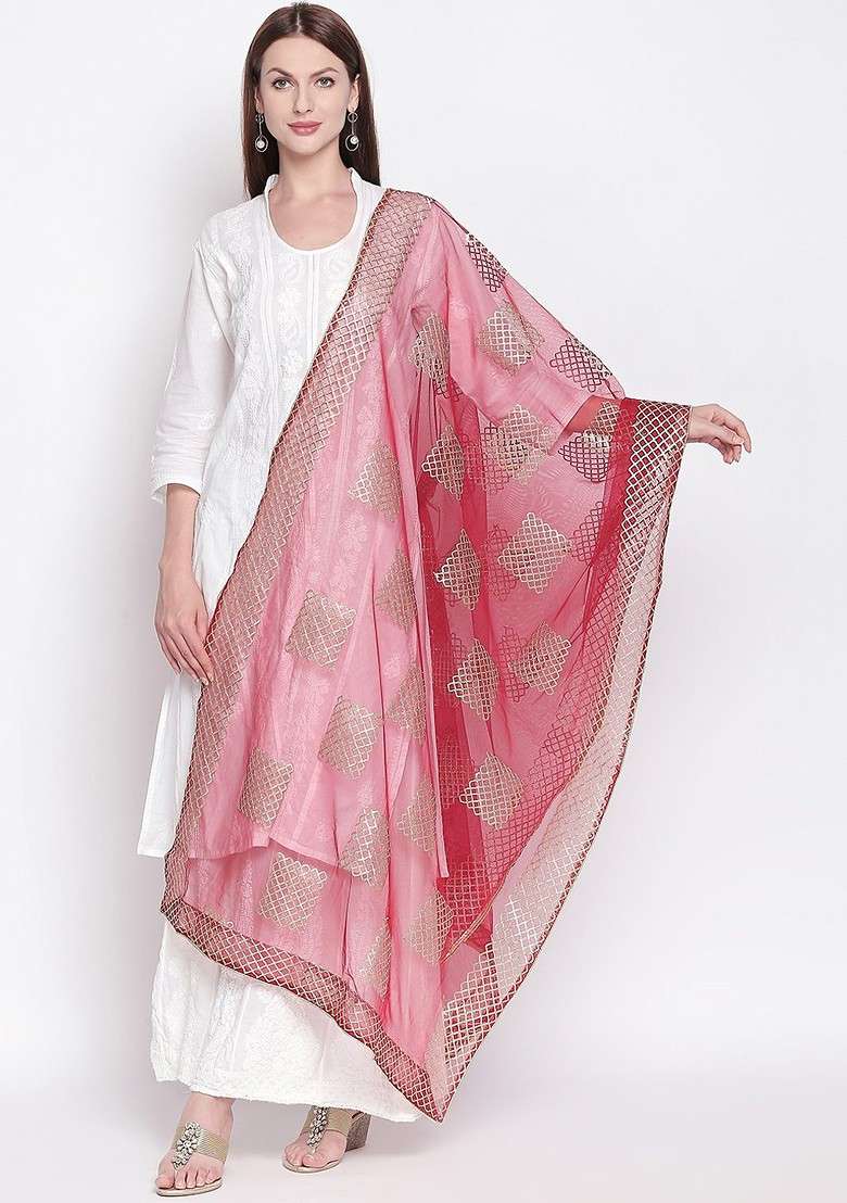 Red And Gold Toned Embroidered Dupatta - Indya