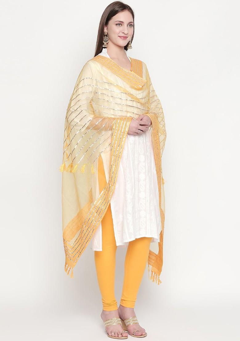 Women Yellow And Silver Coloured Organza Gotta Patti Embroidered Dupatta
