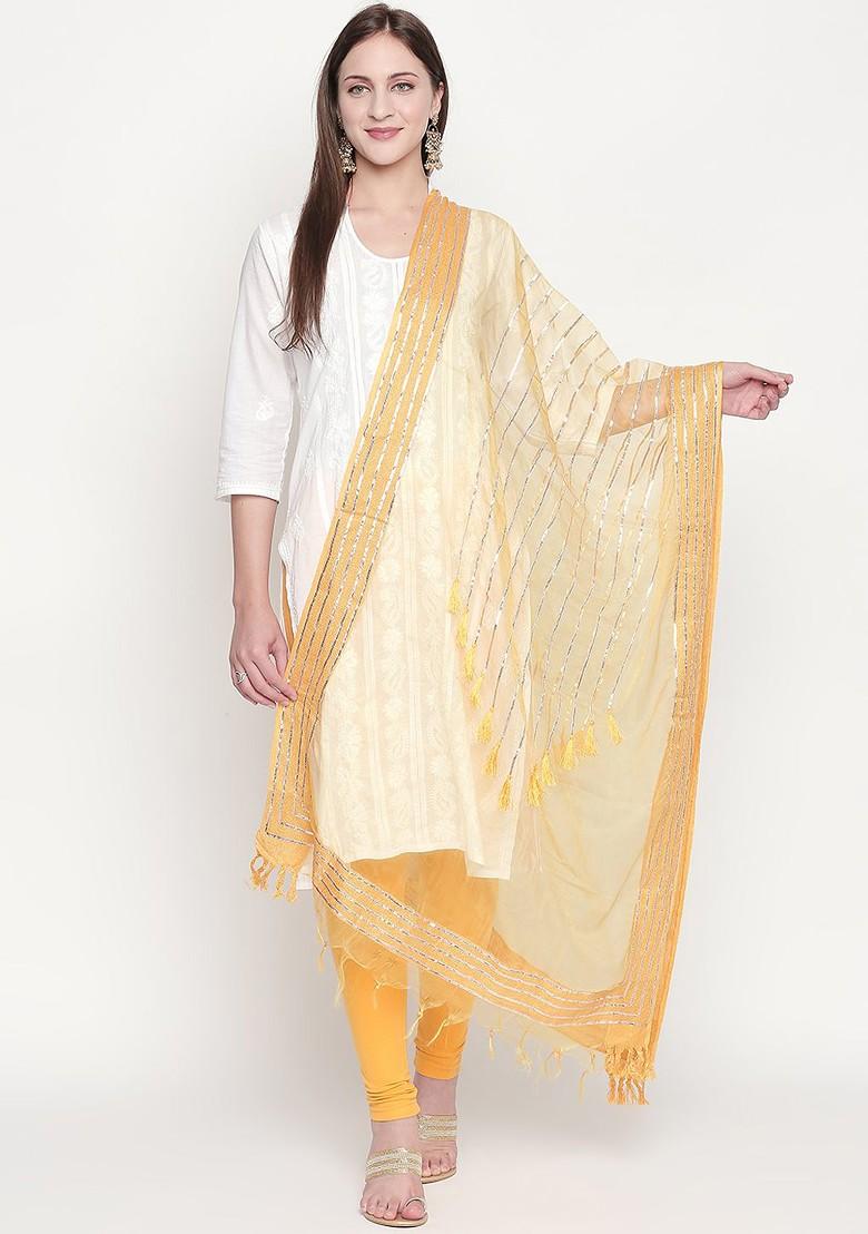 Women Yellow And Silver Coloured Organza Gotta Patti Embroidered Dupatta