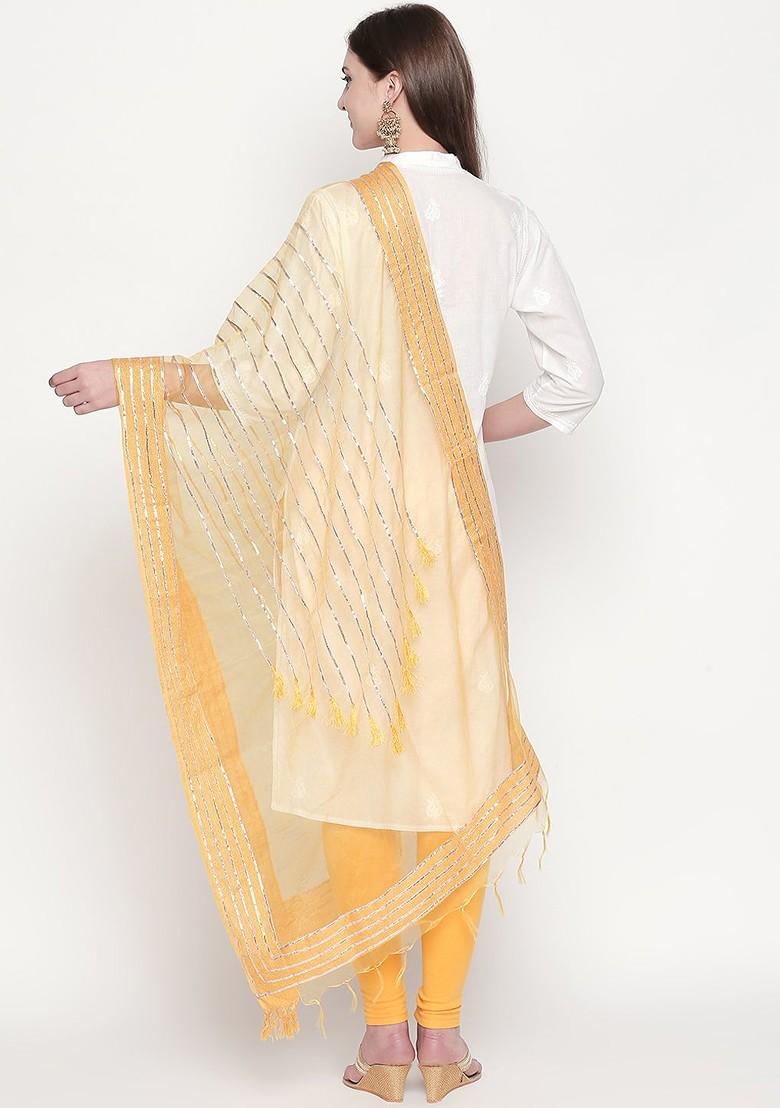 Women Yellow And Silver Coloured Organza Gotta Patti Embroidered Dupatta