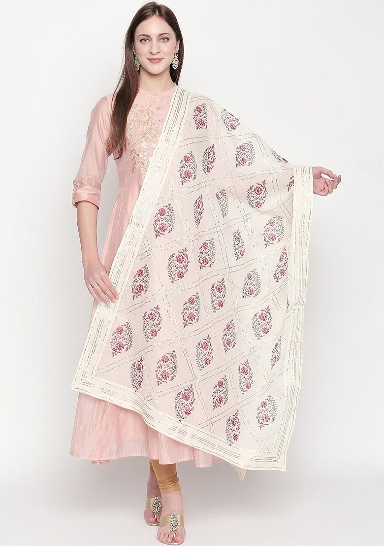 Pure Cotton Off White And Pink Block Printed Pure Cotton Dupatta