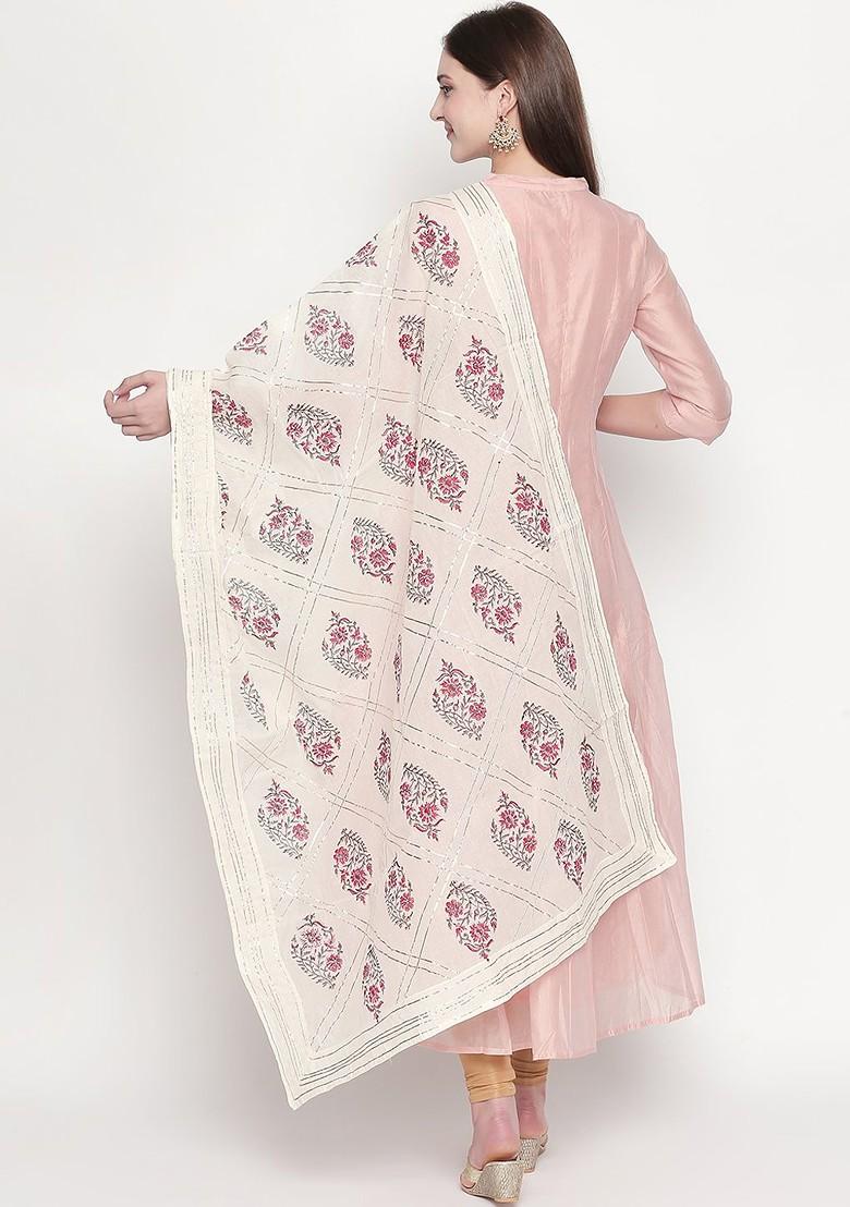 Pure Cotton Off White And Pink Block Printed Pure Cotton Dupatta