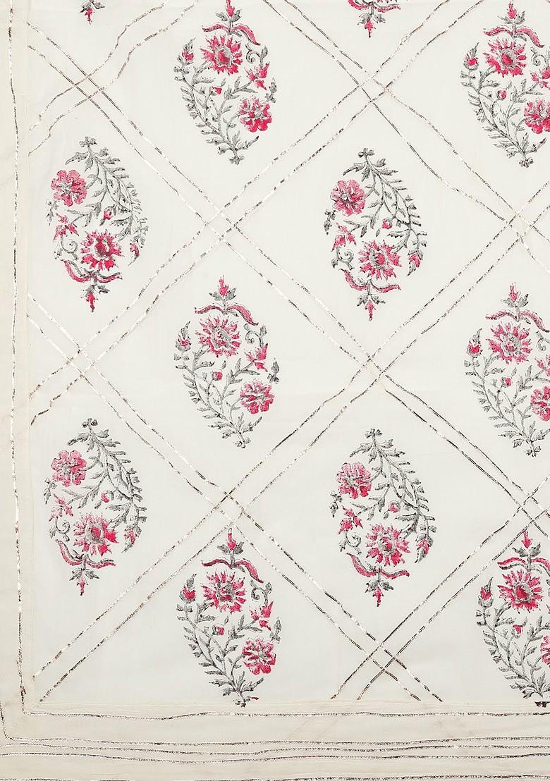 Pure Cotton Off White And Pink Block Printed Pure Cotton Dupatta