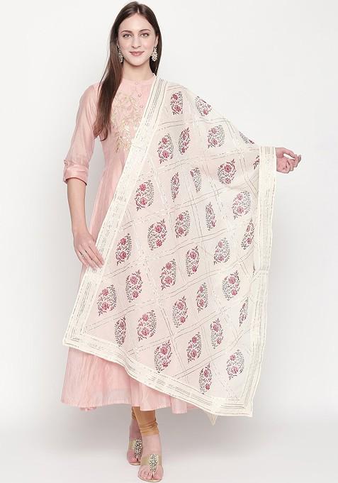 Pure Cotton Off White And Pink Block Printed Pure Cotton Dupatta