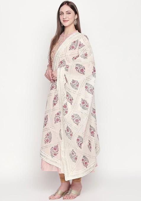Pure Cotton Off White And Pink Block Printed Pure Cotton Dupatta