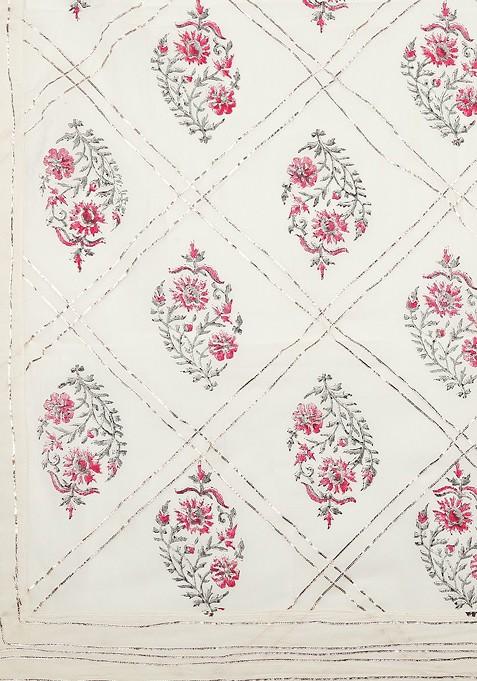Pure Cotton Off White And Pink Block Printed Pure Cotton Dupatta